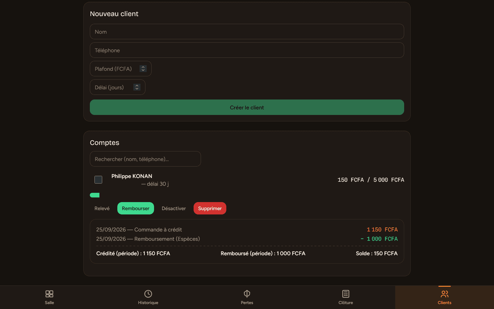 Fiche client : plafond de crédit, délai de paiement et relevé de compte consultables